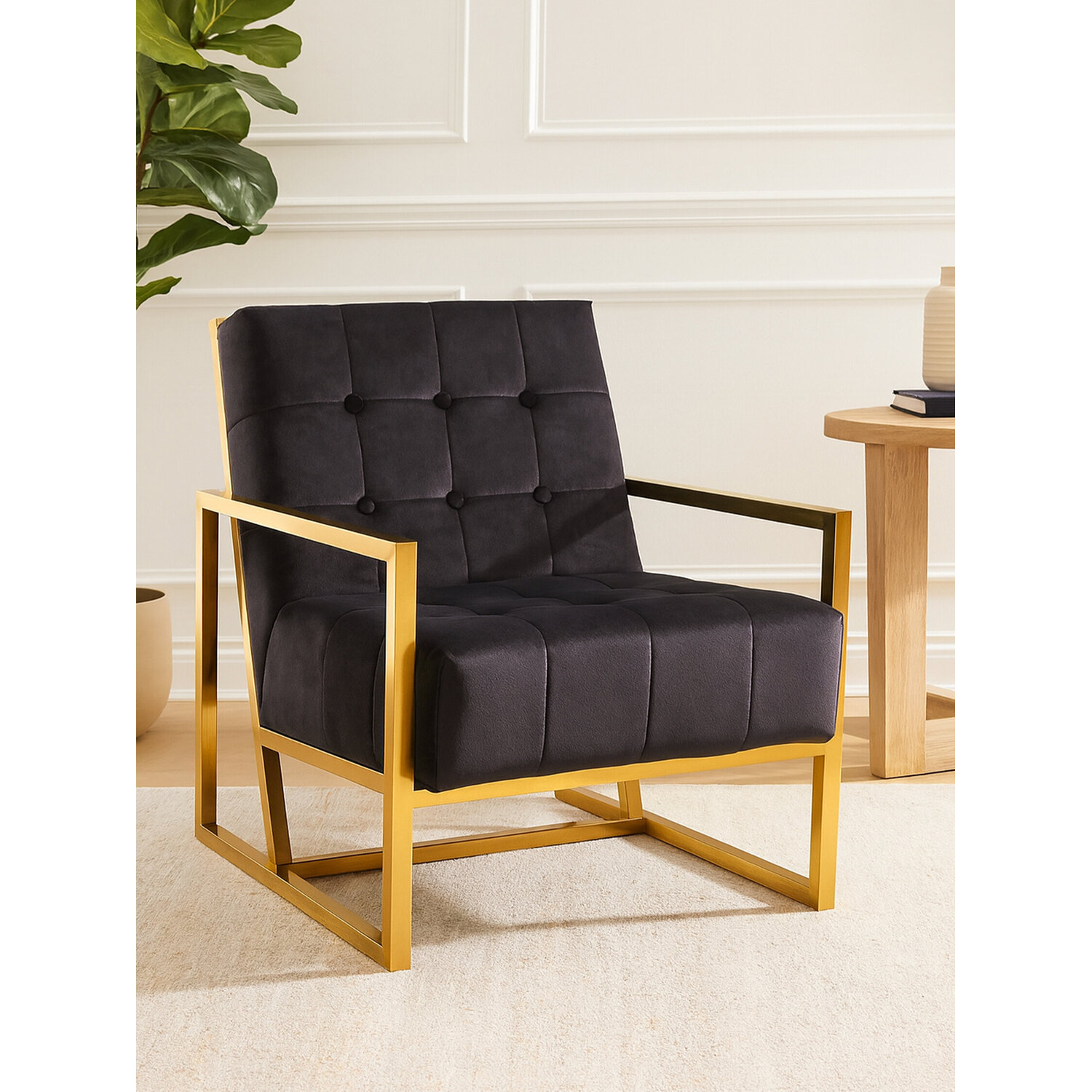 Hana Black Velvet Chair With Gold Frame - Black