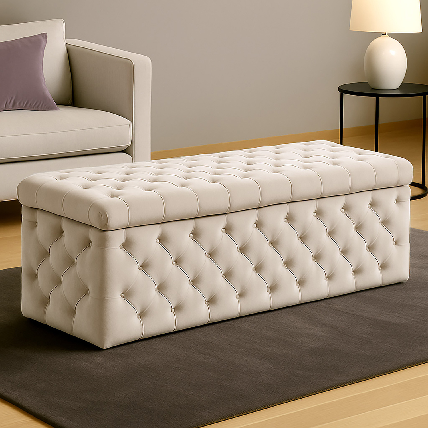 R&M Furnishers Wide Lux Ottoman Storage Box, Cream Velvet Upholstered Chesterfield Storage Ottoman Box - Cream Plush Velvet