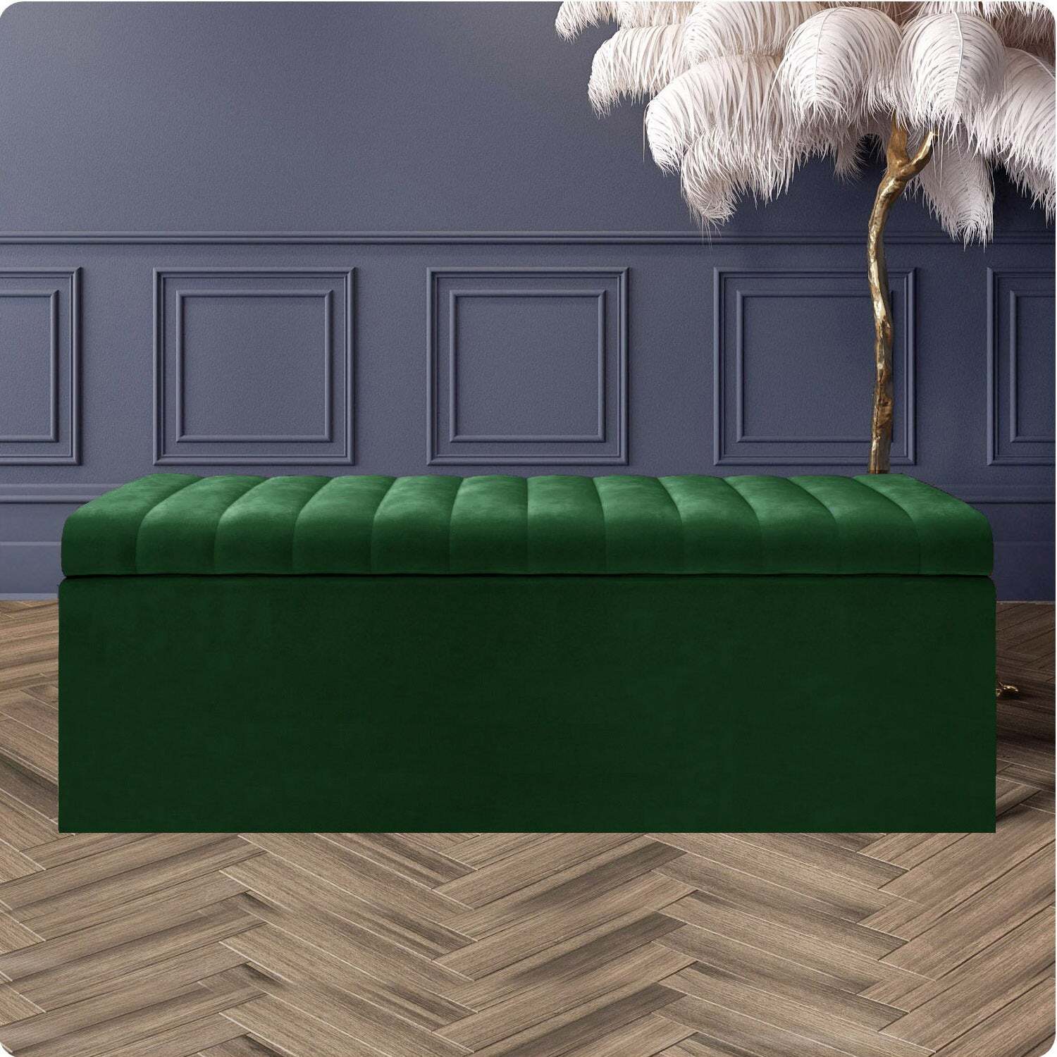 R&M Furnishers Safar Ottoman Storage Box, Plush Velvet Striped Upholstered Blanket Chest, End Of Bed Bench (White) - Forest Green Plush Velvet