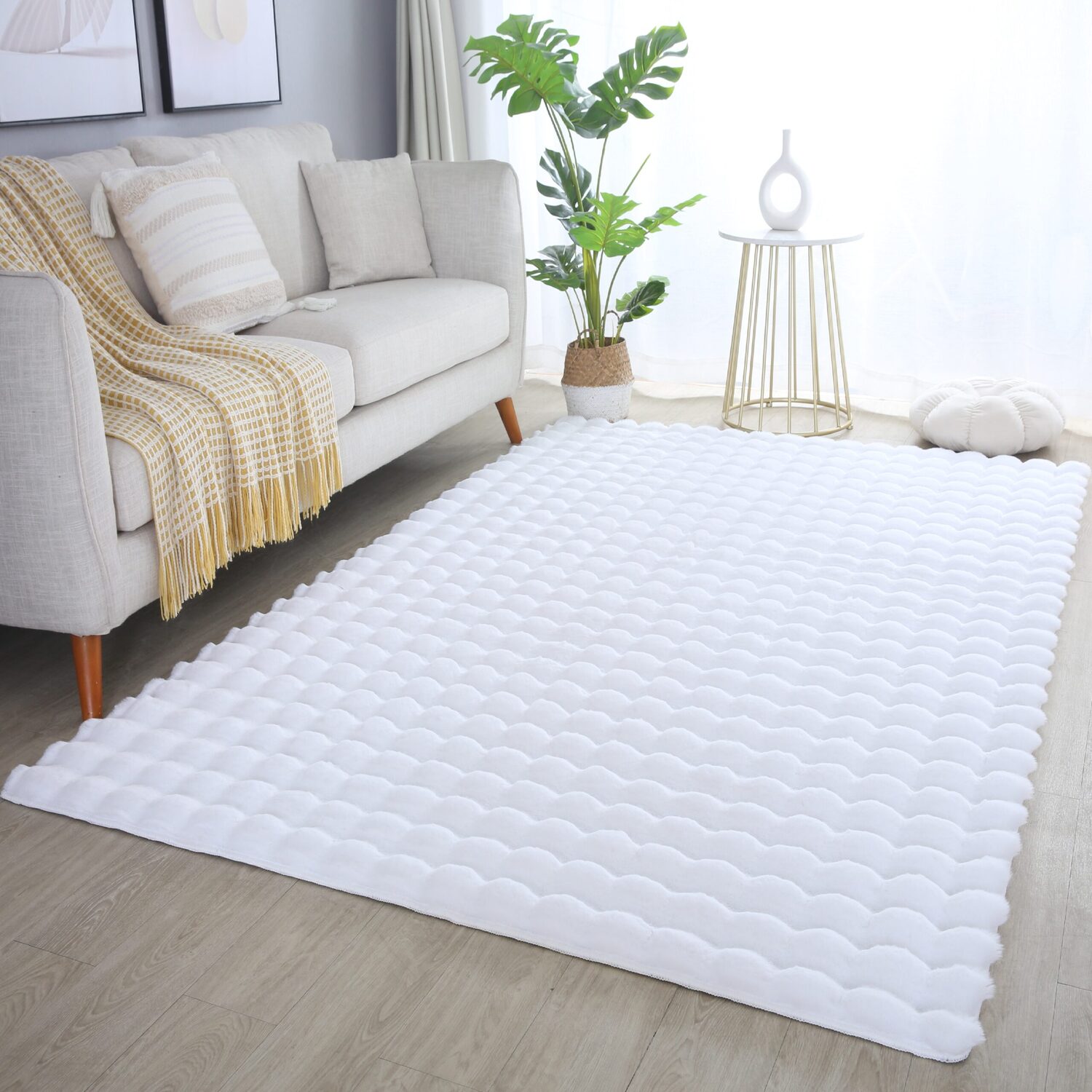 Orbie Washable Low Pile Super Soft Living Room Area Rug Machine Carved Ridge-Furrow Design - Snow White / 120cm / 160cm