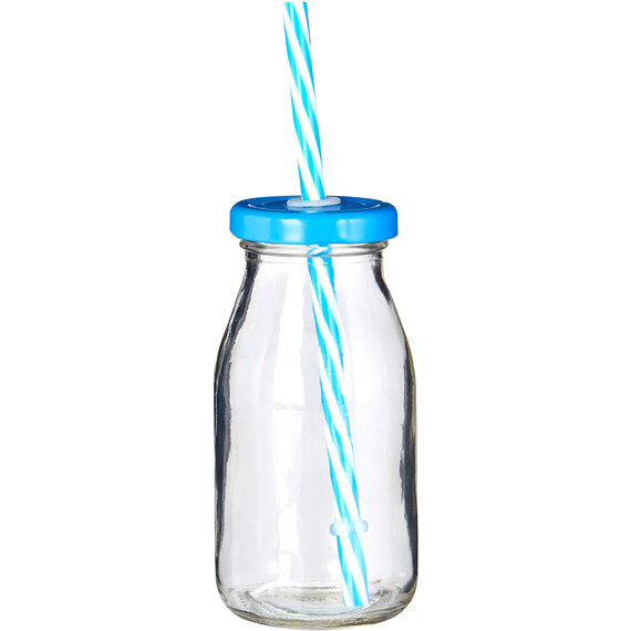 Dayla Set of 4 Milk Bottles with Blue Straws and Lids