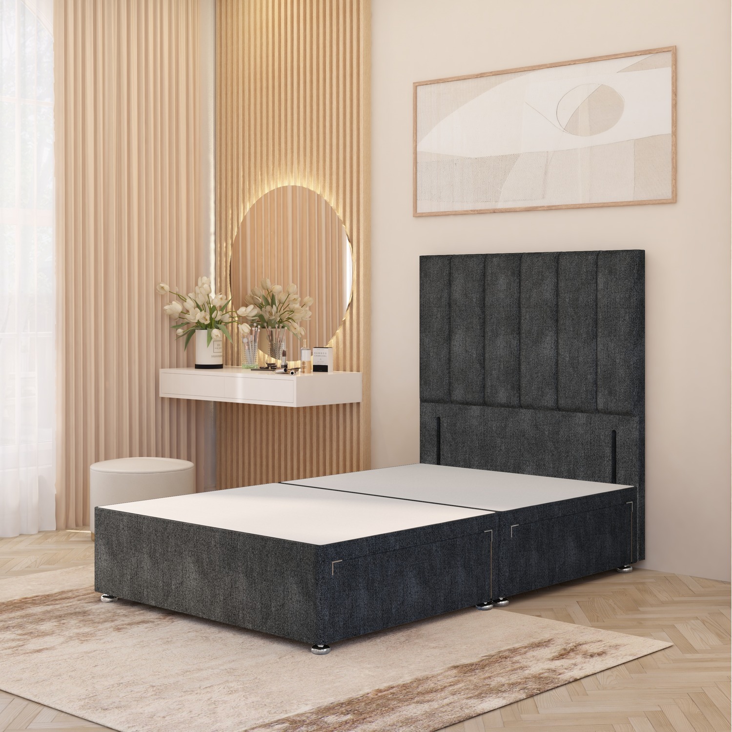 Austin Tweed Fabric Divan Bed Base With 54 Floor Standing Headboard - Charcoal Small Single 38kg