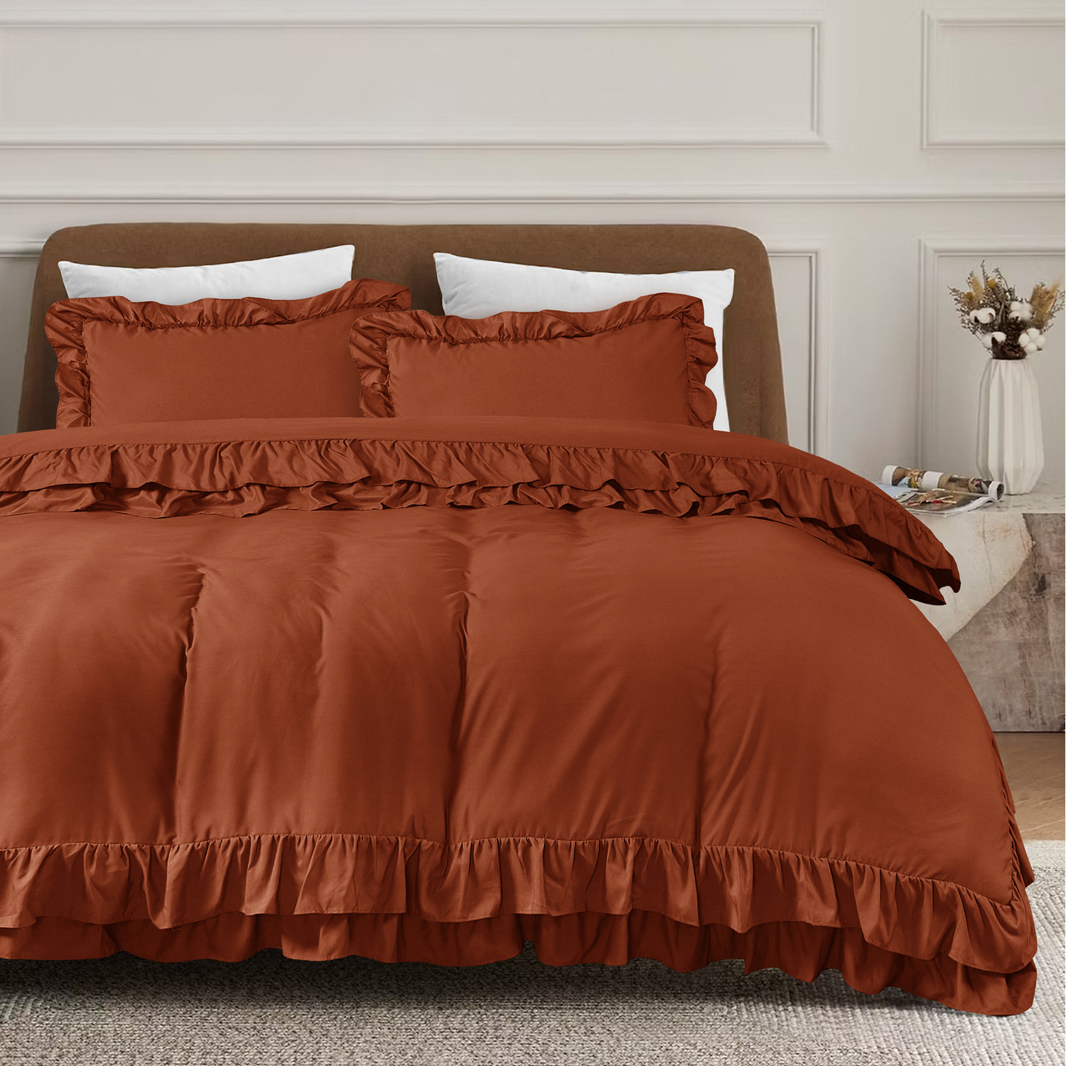 New Ruffled Borders Duvet Cover Set - Rust Double