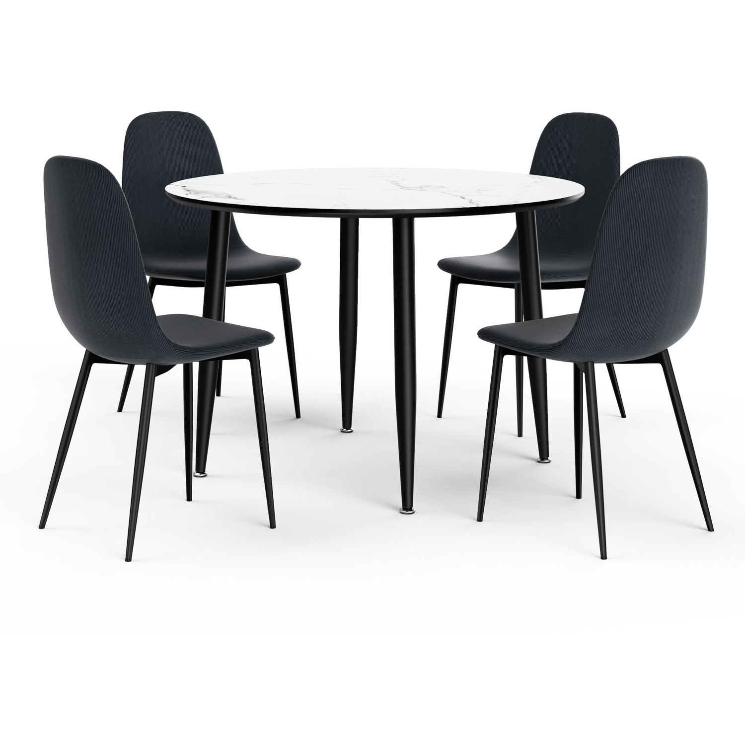 Circular Marble Effect Dining Table With 4 Chairs Set - White Black