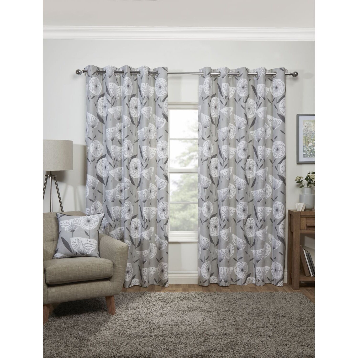 Iona Printed Lined Eyelet Curtains - Grey / 228cm