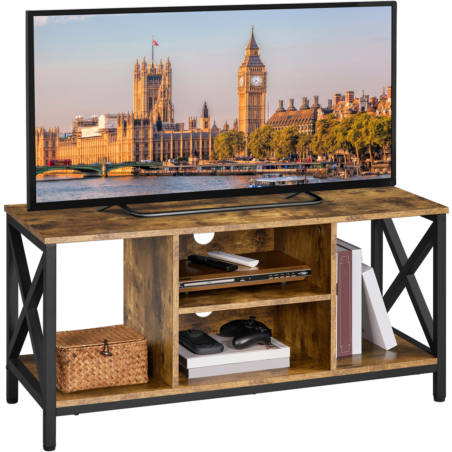 Yaheetech Industrial Tv Stand With X-Shape Structures - Rustic Brown