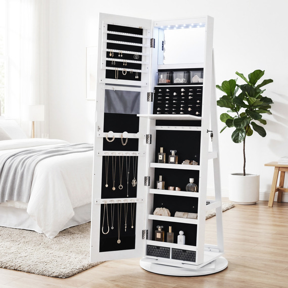 SONGMICS LED 360 Swivel Mirror Jewellery Cabinet,Full-Length Mirror with Storage