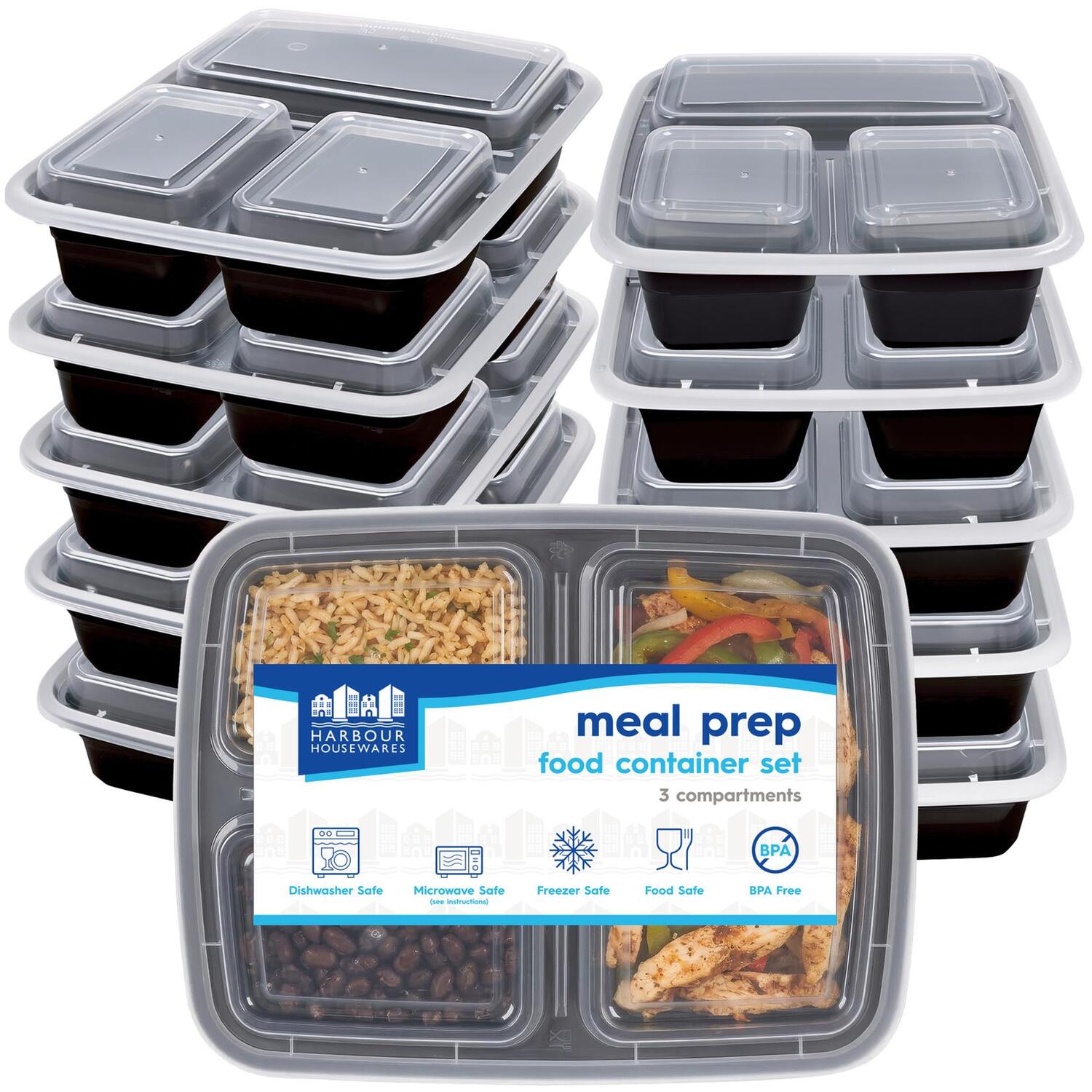 Harbour Housewares Reusable Meal Prep Containers with Lids - Pack of 10, 975ml 3-Compartment BPA-Free Food Storage Boxes, Stackable Microwave Freezer Dishwasher Safe Lunch Boxes for Meal Preparation - Image 4