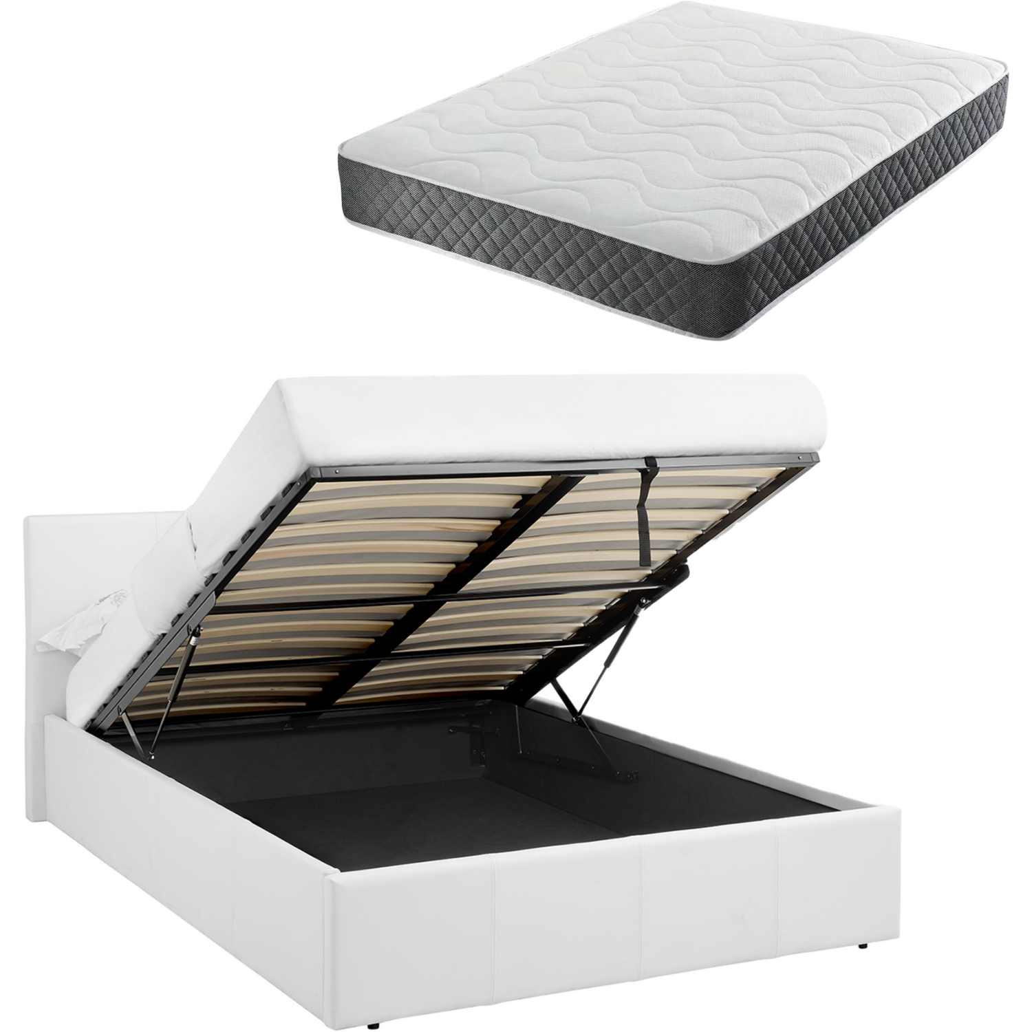Single 3FT Ottoman Bed White Faux Leather + Spring & Foam Mattress LUNA - Image 6