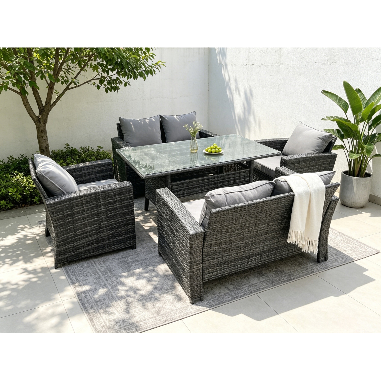 Fimous Unisex Dark Grey Seater Outdoor Mixed High Back Rattan Sofa Dining Table Set Garden Furniture Arm Chairs Love Sofa Size 6 - Image 2