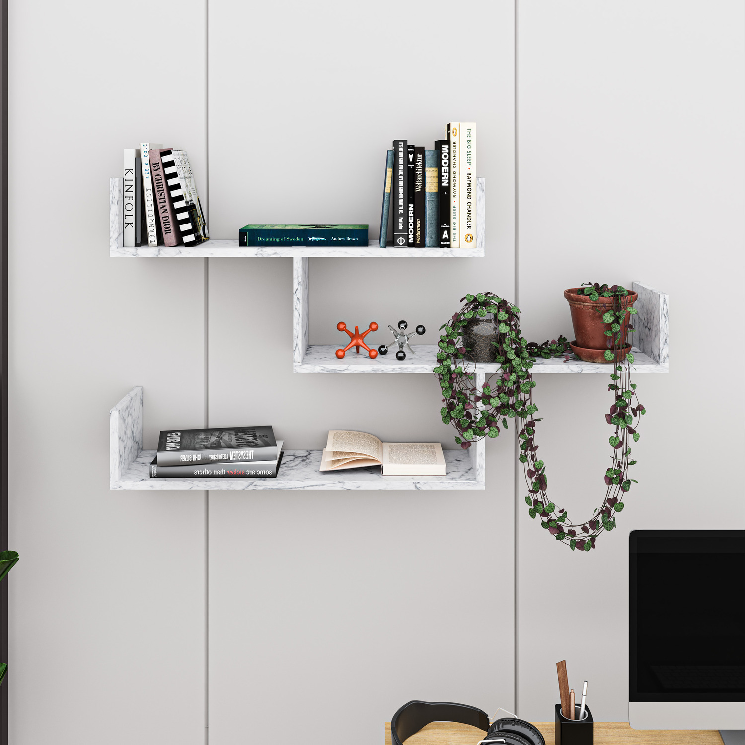 Decortie Tibet Wall Mounted Modern Bookcase Display Unit - White Marble Effect