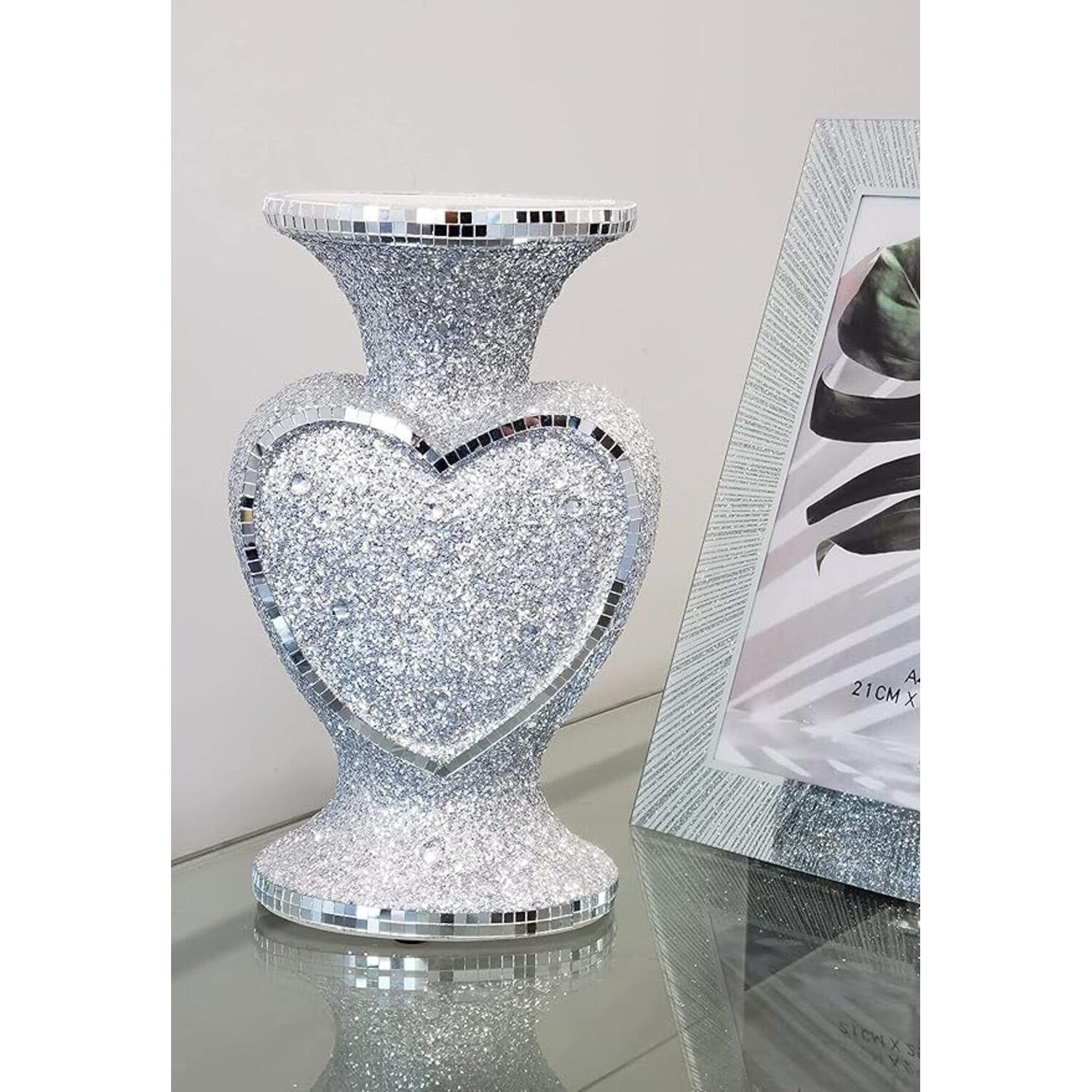 Biznest Heart Shape Crushed Diamond Glitter Flower Vase - Silver