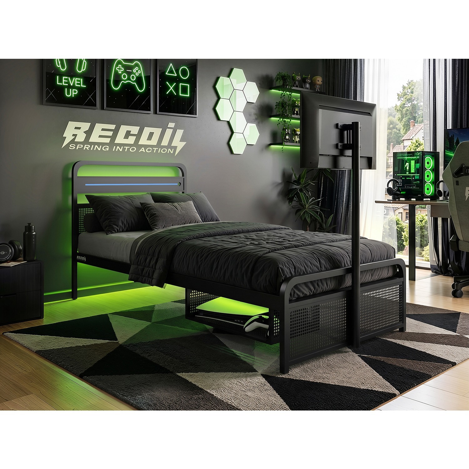Recoil Panther Metal Tv Bed With Storage And Led Headboard - Black / Single