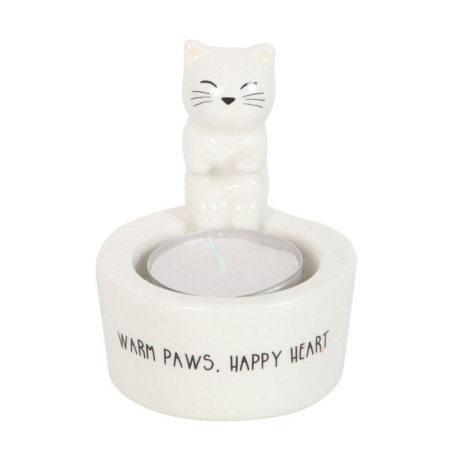 Something Different Warm Paws Happy Heart Cat Tealight Holder - White