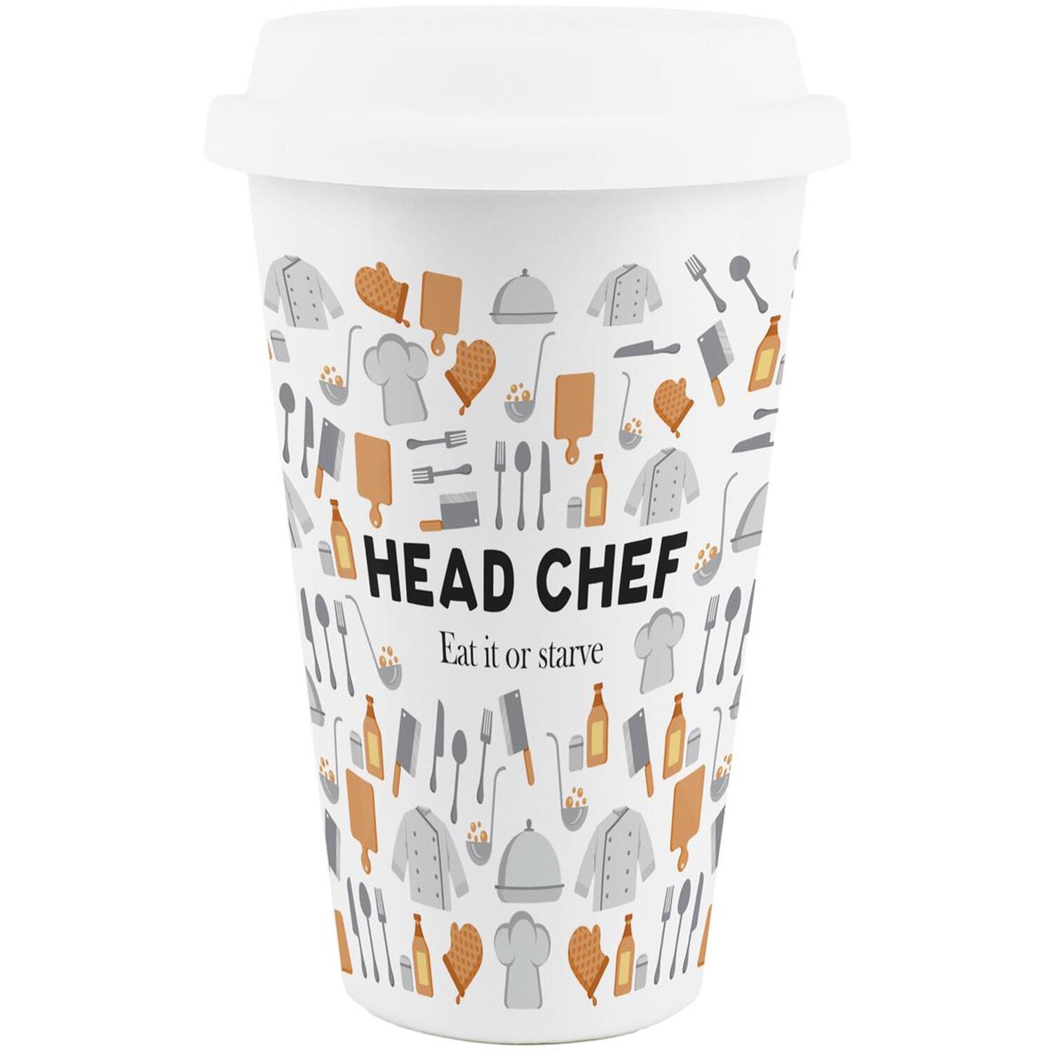 Purely Home Novelty Head Chef Ceramic Travel Mug - Reusable Drinks Cup Gift - White