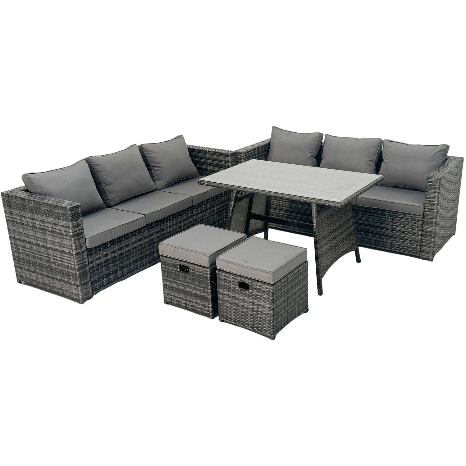 Fimous Dark/Grey 8 Seater Rattan Sofa Set With Dining Table, 2 Sofas, 2 Stools - Image 2