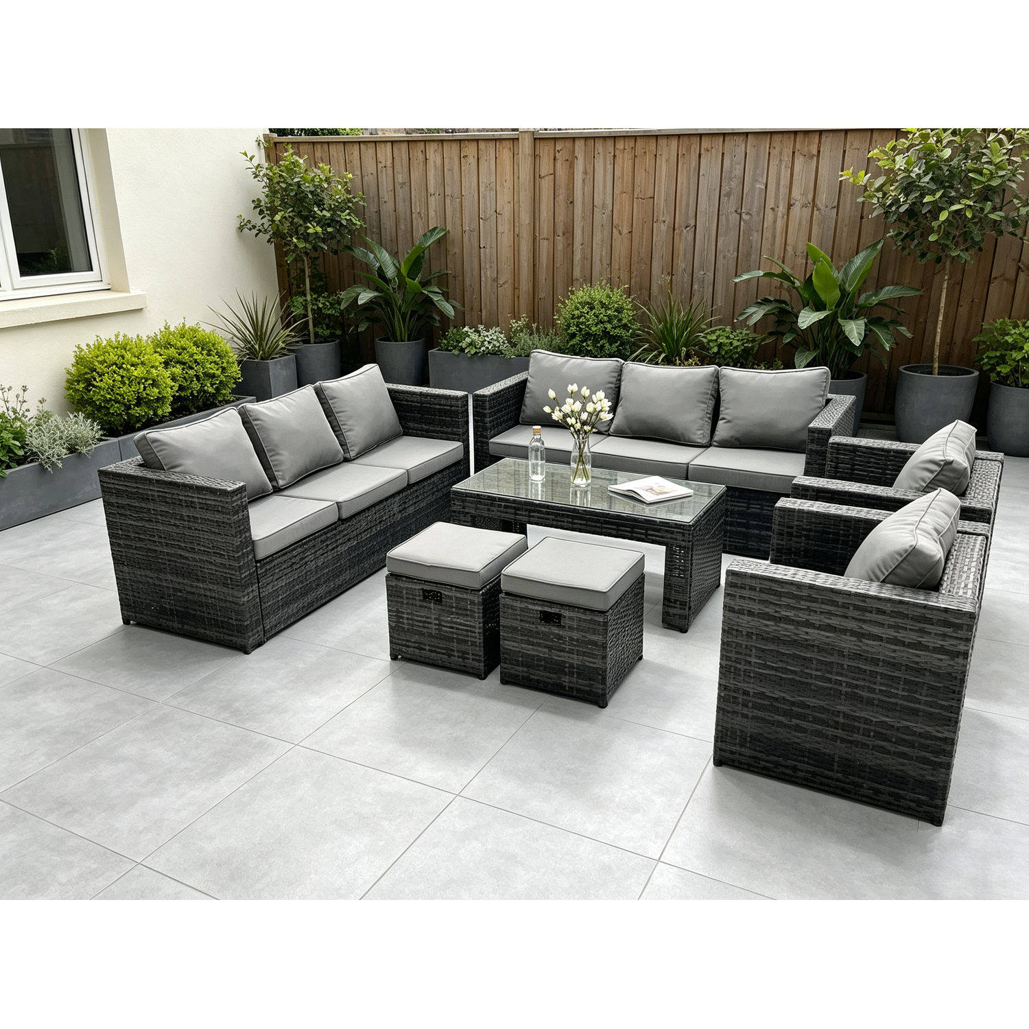 Fimous Dark/Grey 10 Seater Rattan Garden Furniture Set With 2 Sofas, Rectangular Coffee Table, 2 Chairs & 2 Stools - Image 2