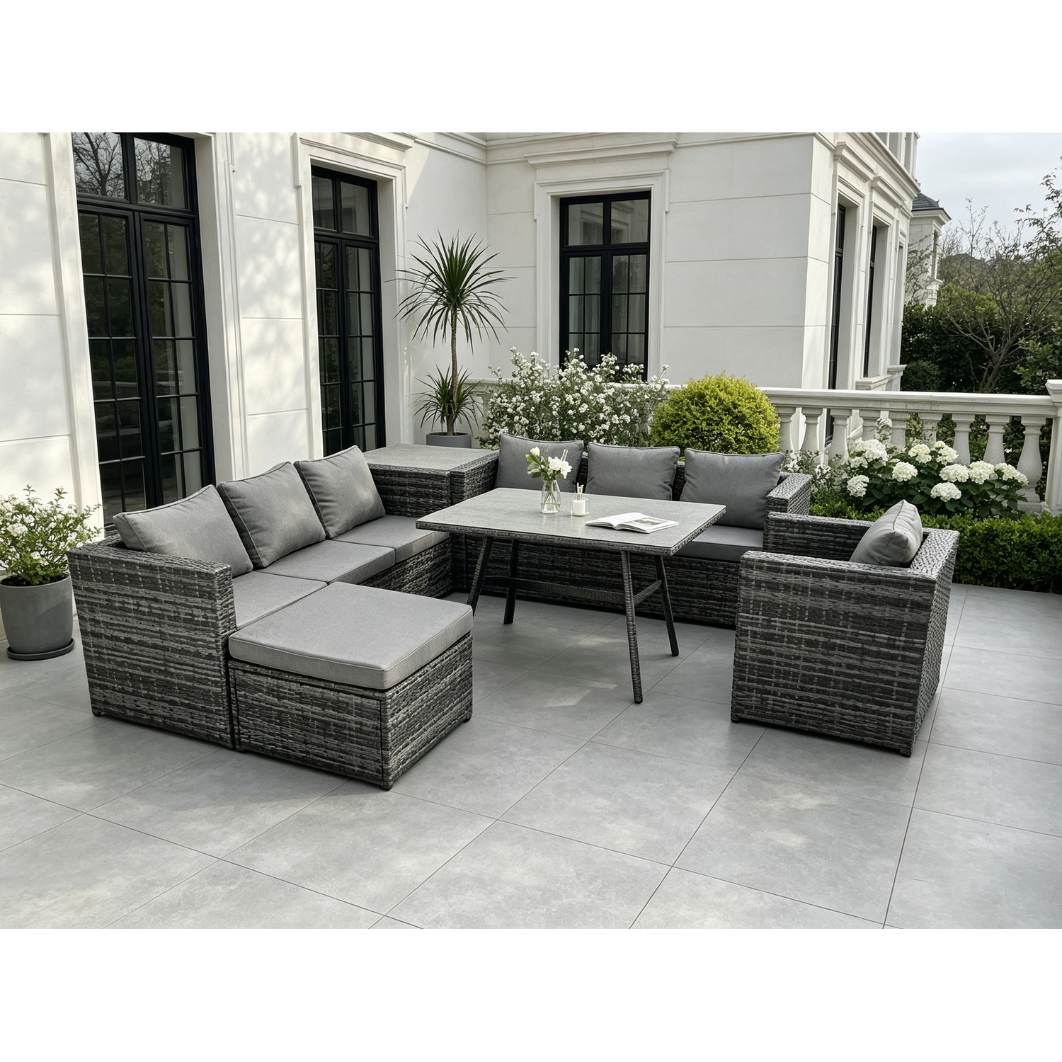Fimous Unisex Dark Grey Seater Wicker Pe Rattan Garden Dining Set Outdoor Furniture Sofa With Patio Dining Table Armchair In Size 8 - Image 2