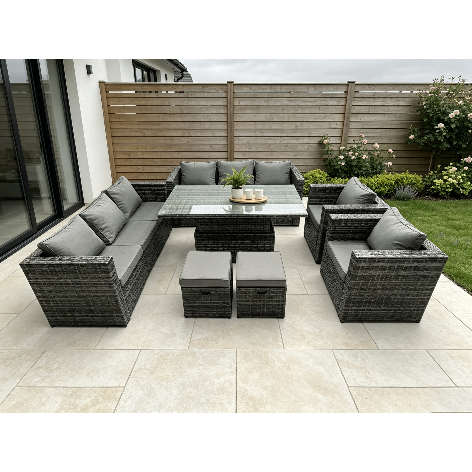 Fimous Dark/Grey 10-Seater Wicker Pe Rattan Outdoor Sofa Set | Adjustable Rising Dining Table, 2 Armchairs, 2 Stools, 2 Side Tables - Image 2