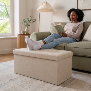 Beige Linen Storage Ottoman Bench - Padded Foldable Storage Box, Medium
