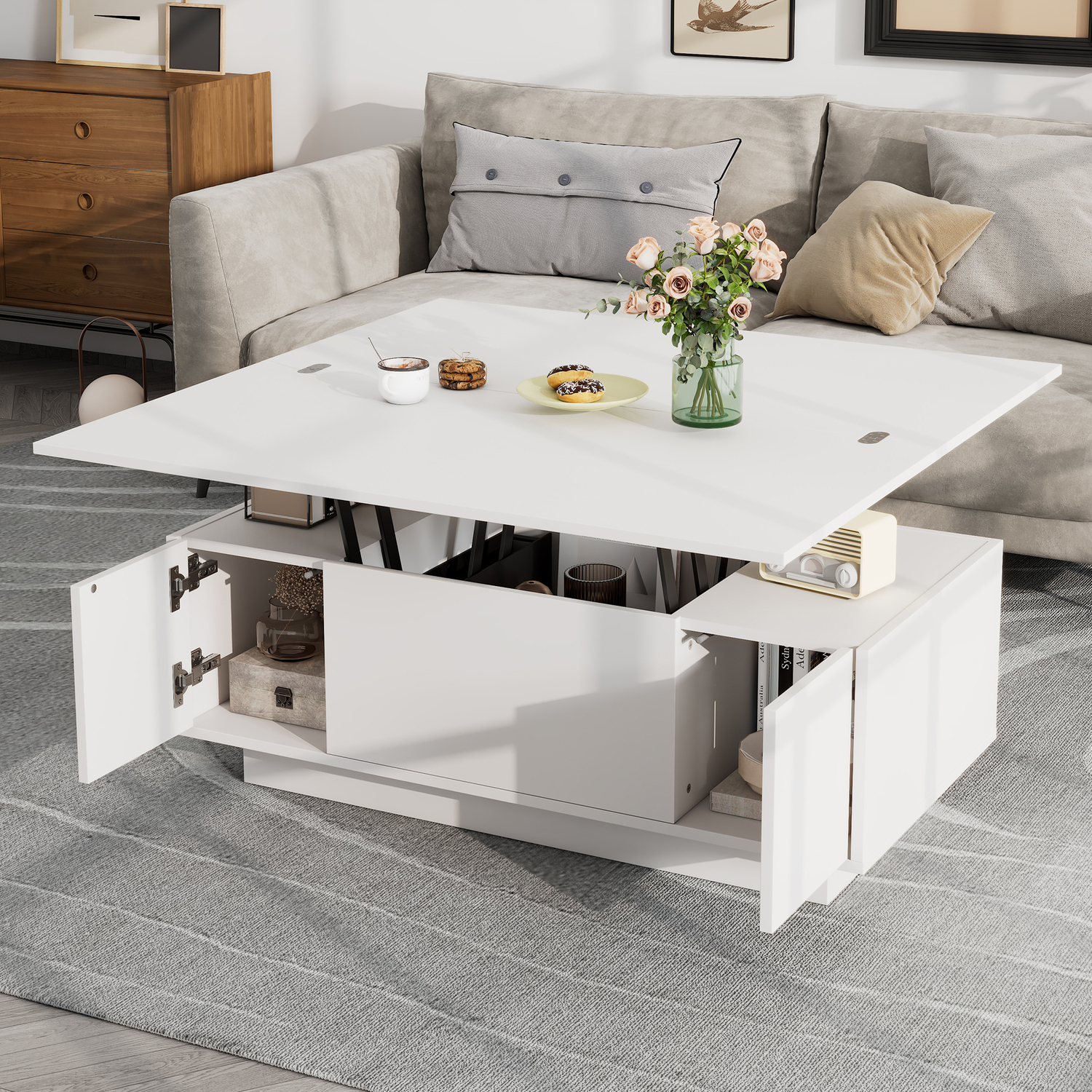 Aka White Lift Up Coffee Table With Hidden Storage, 2 Doors And 2 Lifting Platforms - White