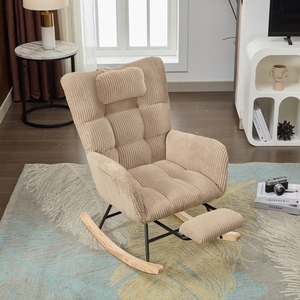 Fabric Rocking Chair with Adjustable Footrest, Headrest and Wooden Legs, Brown