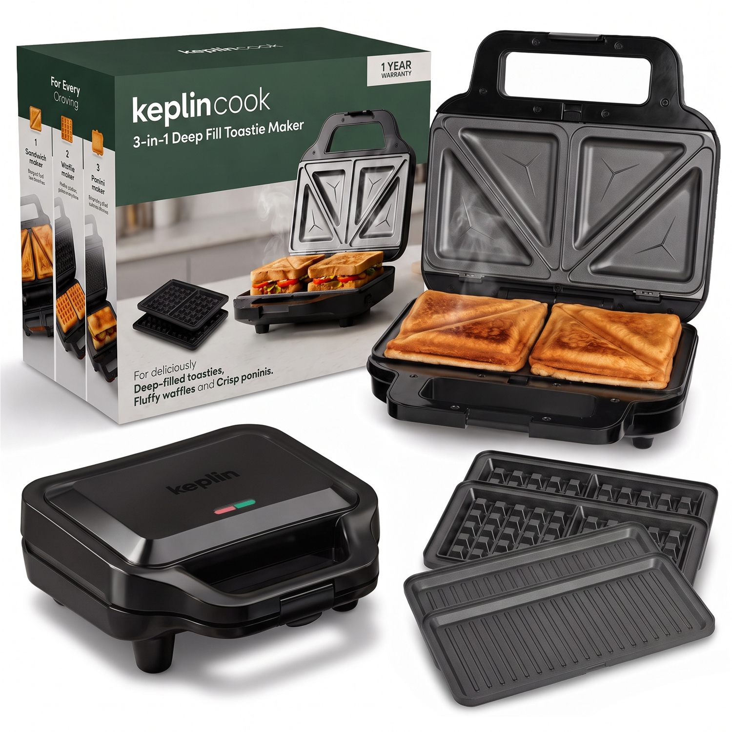 Keplin 3-In-1 Sandwich Toaster - Black