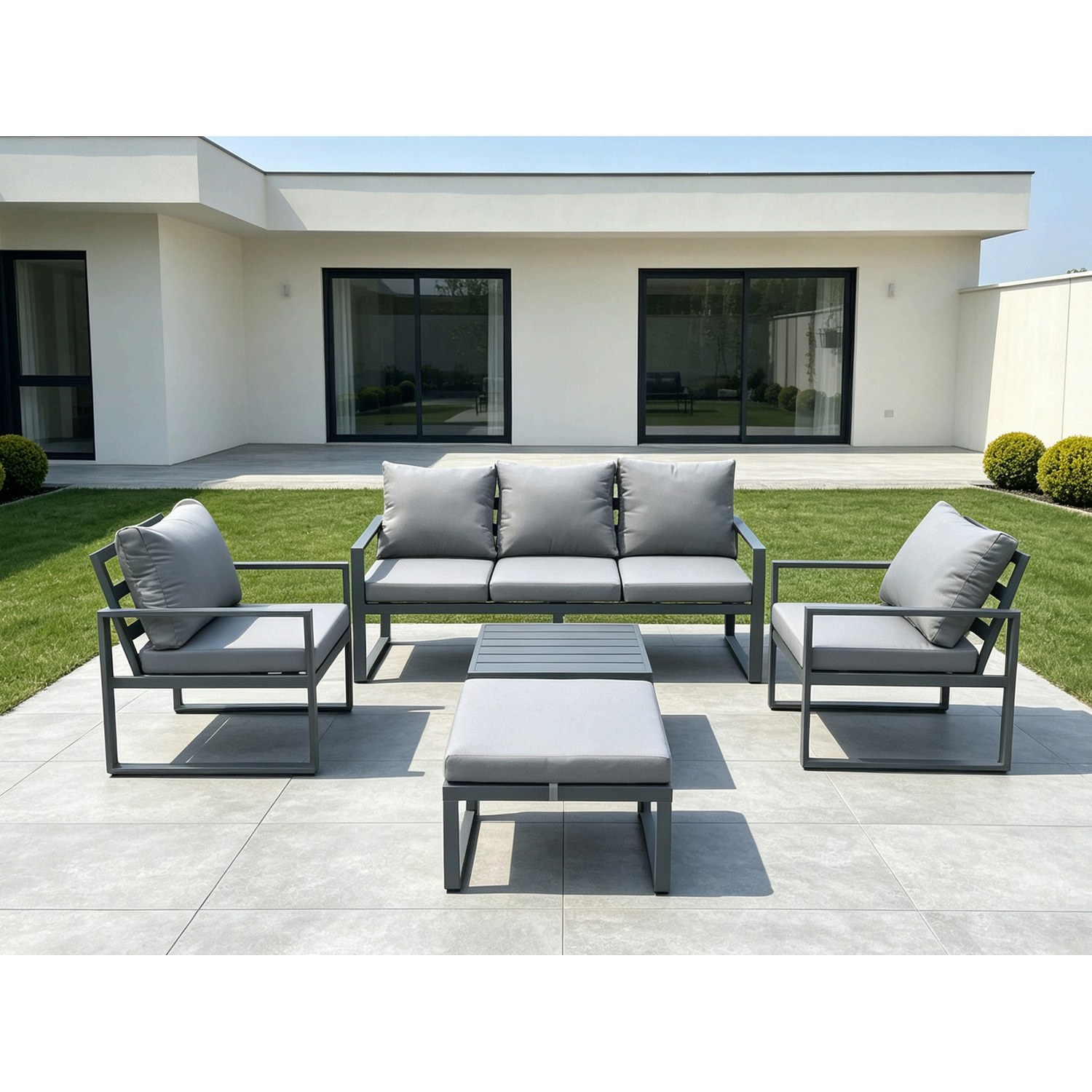 Fimous Dark/Grey Aluminium Outdoor Garden Furniture Set Lounge Sofa 2 Pc Chairs Square Coffee Table Sets With Big Footstool - Image 2