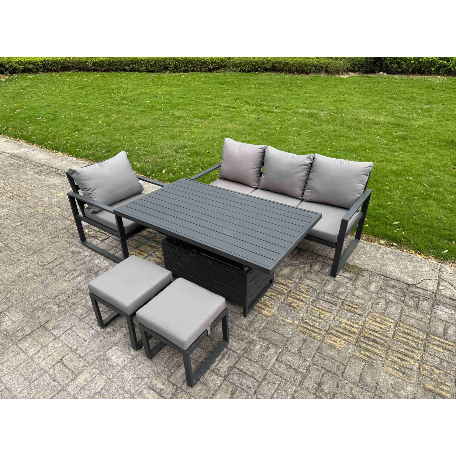 Rackhams Dark/Grey 6 Seater Aluminium Outdoor Dining Set With Adjustable Rising Dining Table, 1X 3 Seater Sofa, 1 Chair & 2 Footstools - Image 2