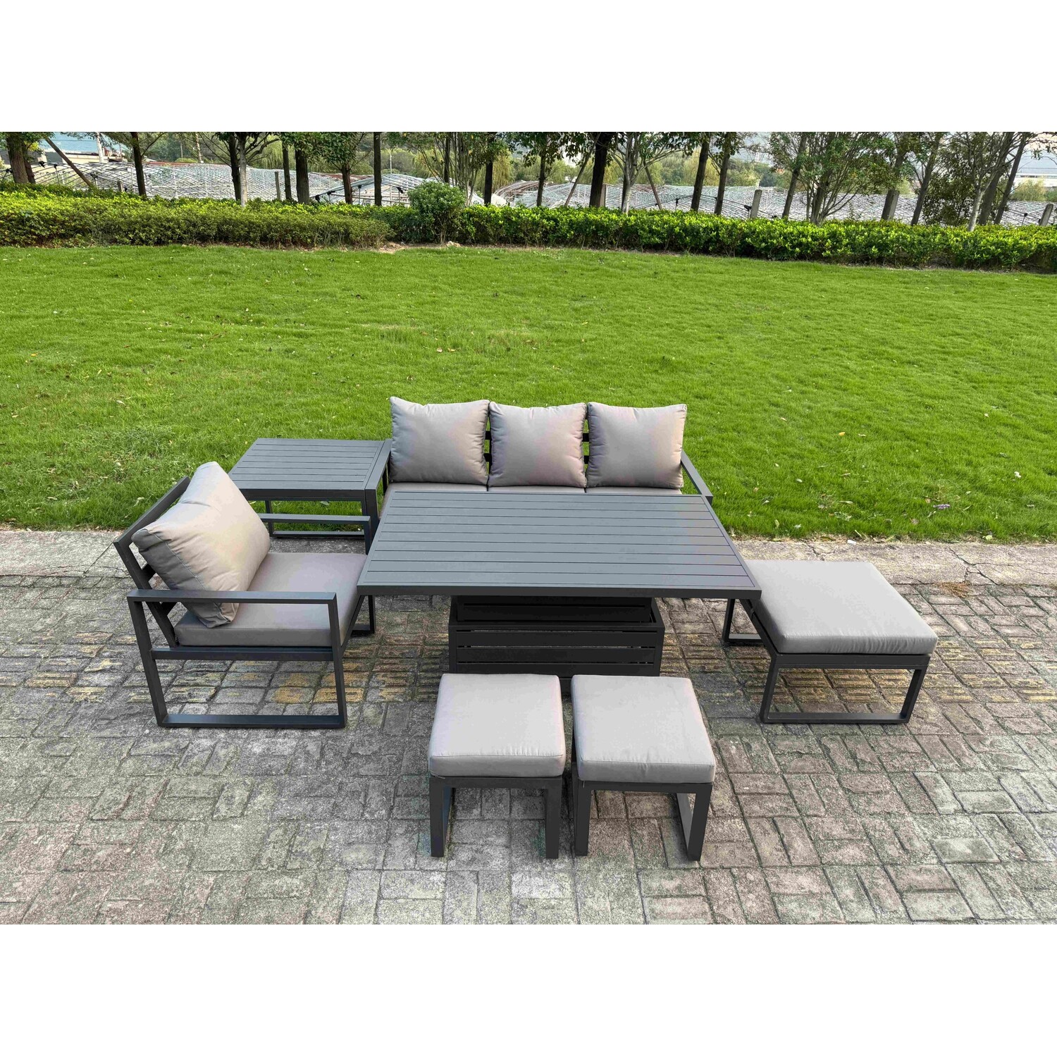 Fimous Dark/Grey 7 Seater Aluminium Outdoor Dining Set With Adjustable Rising Dining Table Chairs, 3 Footstools, Side Table - Image 3