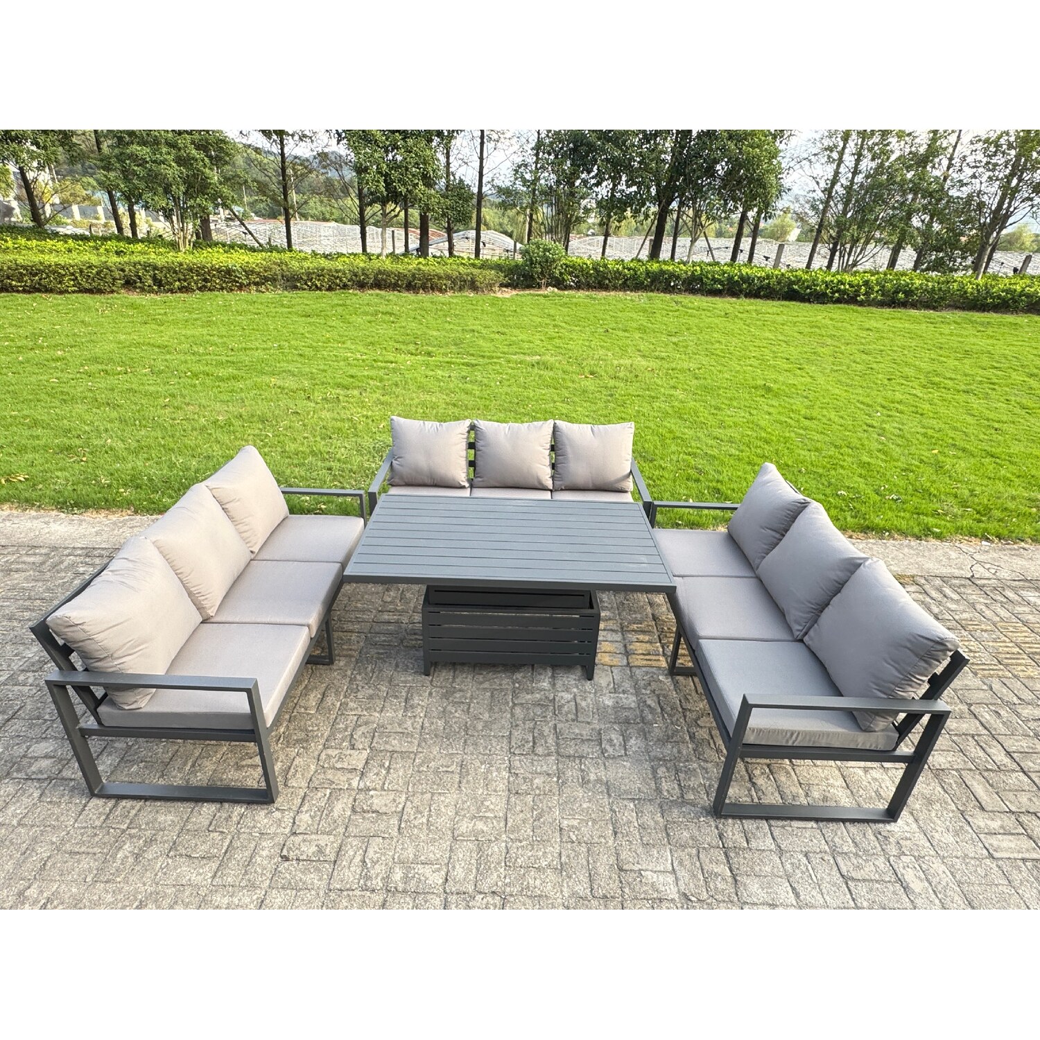Fimous U-Shaped Garden Furniture Set 9-Seater Aluminium Outdoor Dining Set With Adjustable Rising Lifting Dining Table Dark Grey - Image 3