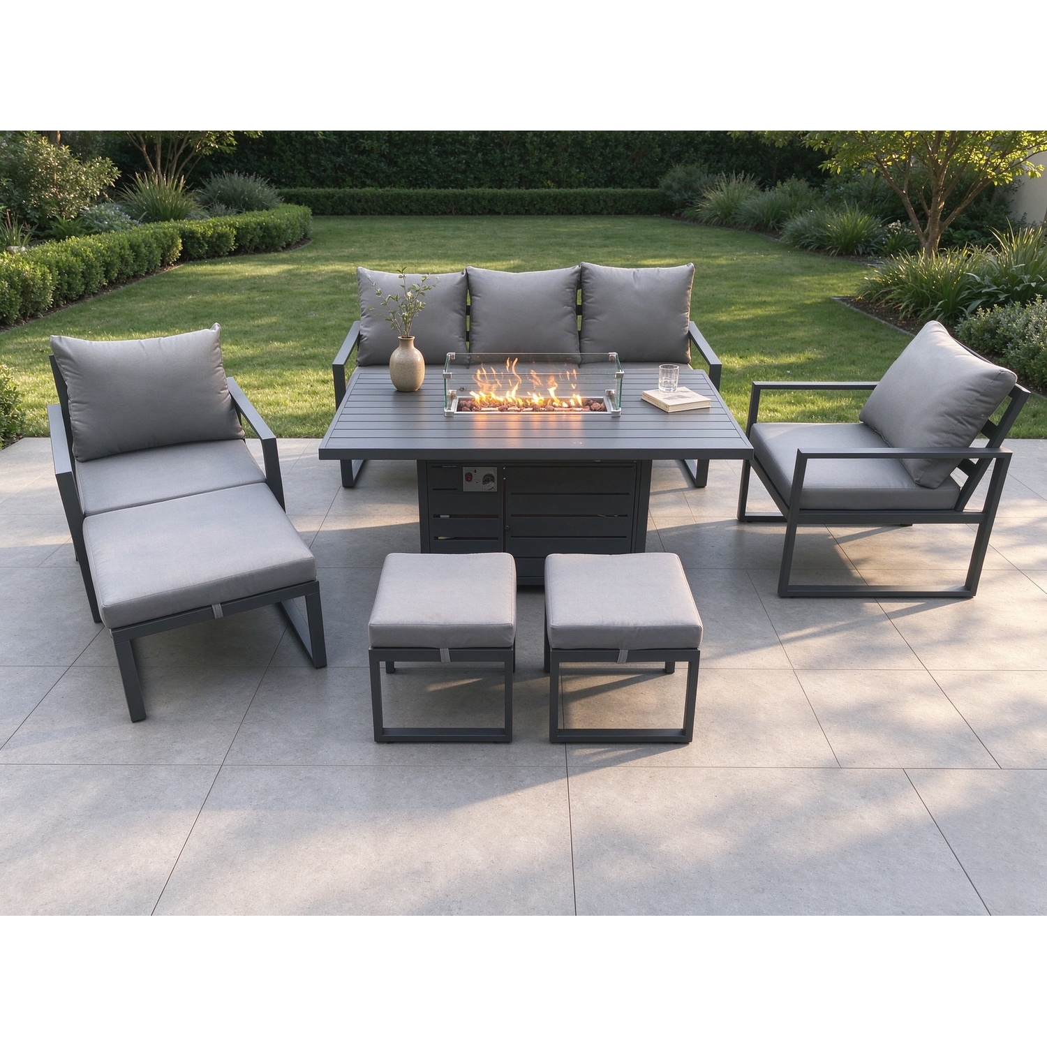 Fimous Aluminium Patio Outdoor Garden Furniture Lounge Sofa Set Gas Fire Pit Dining Table With 3 Footstools Dark Grey - Image 3
