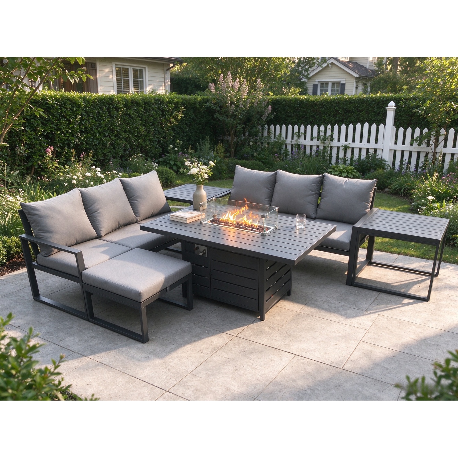 Fimous Unisex Dark Grey Aluminium Seater Outdoor Garden Furniture Lounge Sofa Set Gas Fire Pit Dining Table With Big Footstool In Size 7 - Image 2