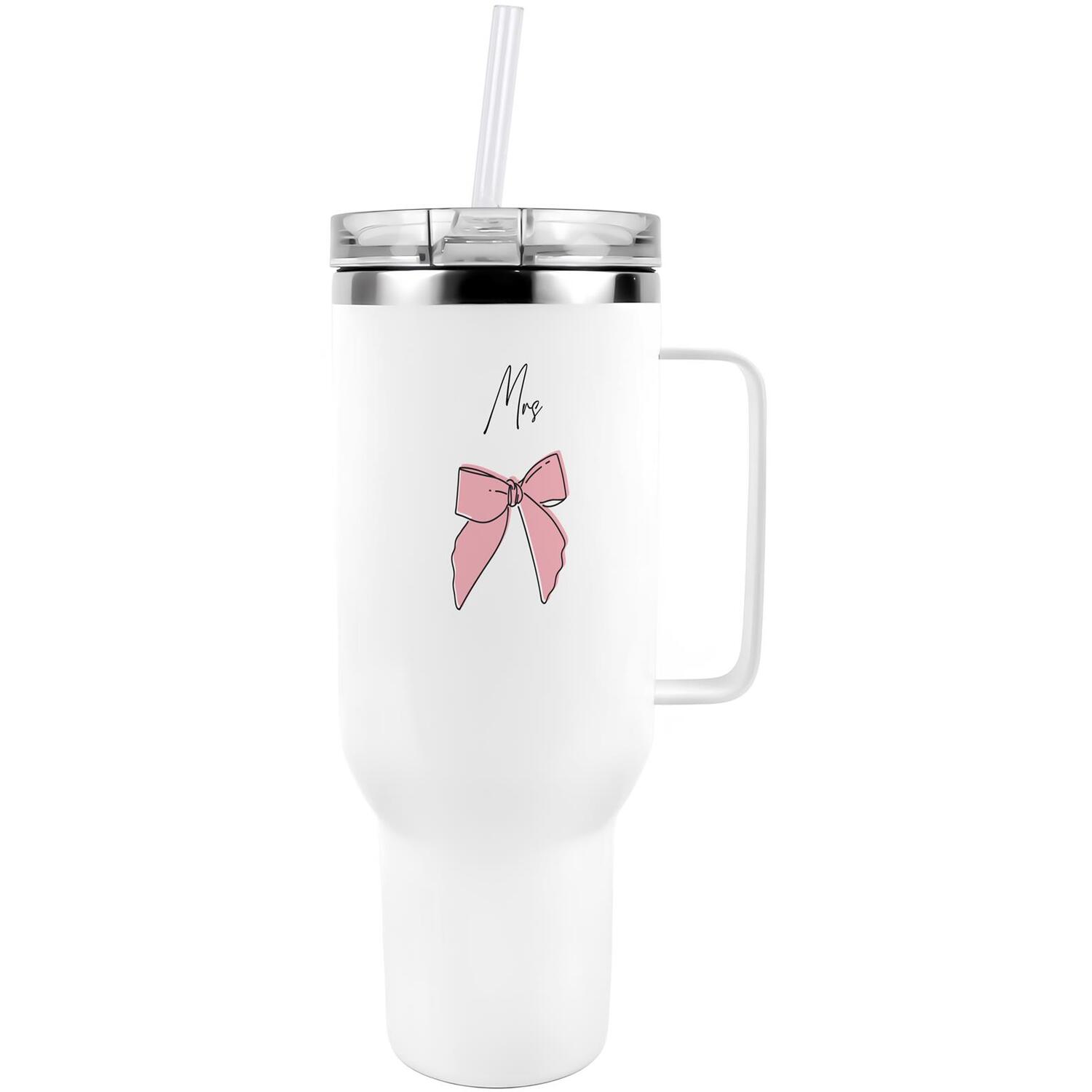 40oz Tumbler with Straw - Mrs Pink Bow Stainless Steel XL Cup Wedding Gift - Image 2