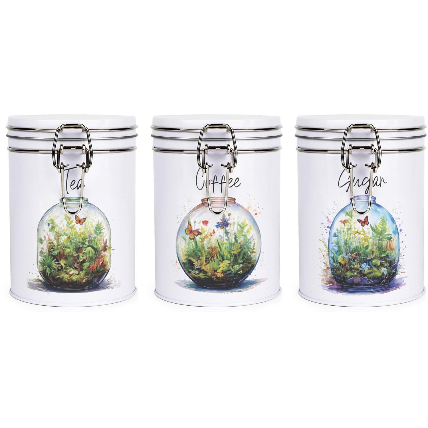 Purely Home Plant Terrariums Clip-Lid Kitchen Storage Canister Set - Tea, Coffee & Sugar