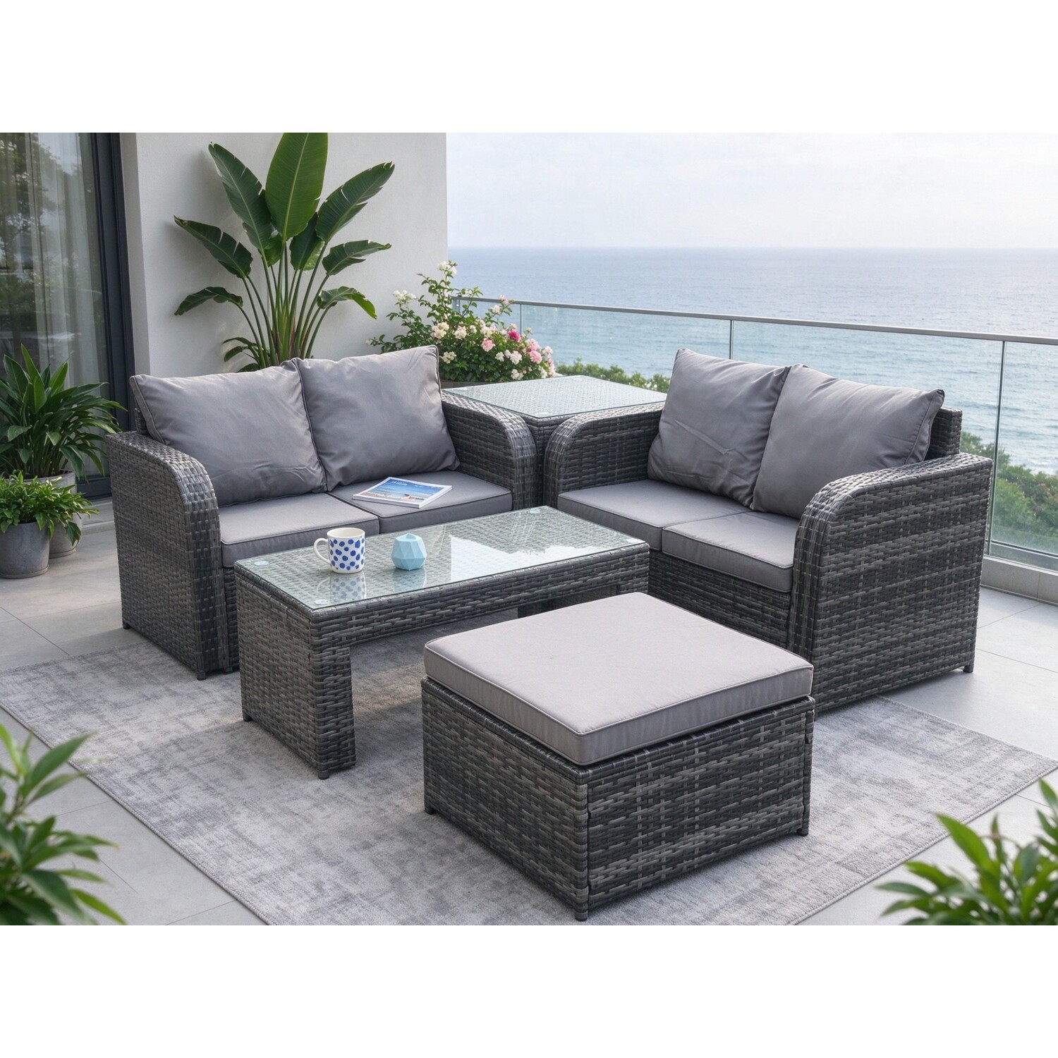 Rackhams Dark/Grey High Back Rattan Garden Furniture Set With Loveseat Sofa Rectangular Coffee Table Big Footstool Side Table Indoor Outdoor Patio Lounge Sofa Set - Image 2