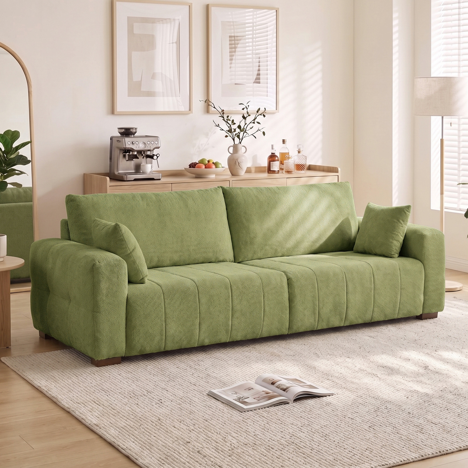 Homcom Unisex Green Sofa, Upholstered Velvet Couch With Pillows In Size 3 Seater - Image 3