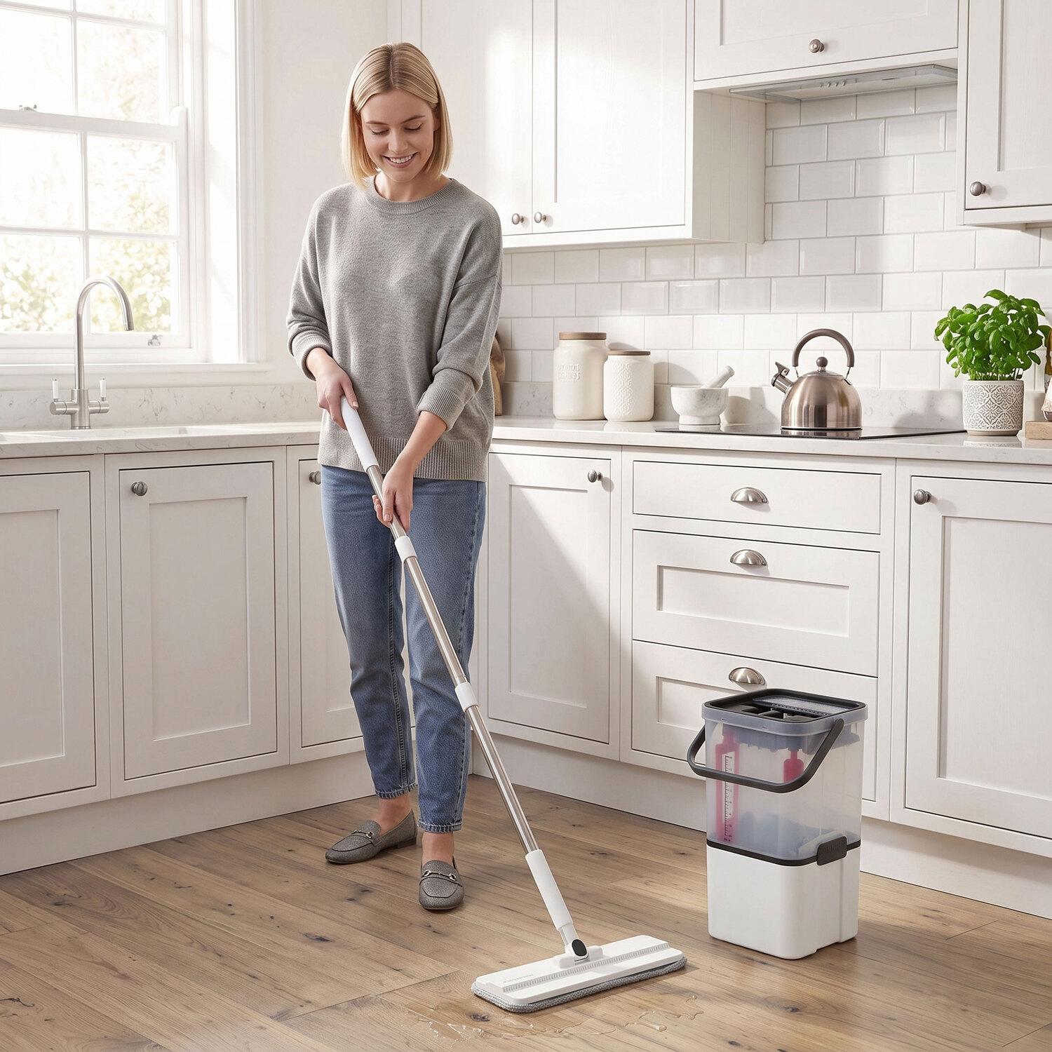 Homcom Mop And Bucket Set, Flat Mop And Bucket System With Wringer, White - Image 3