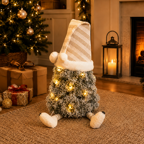 Flocked mini tree gonk with striped nightcap and dangly legs