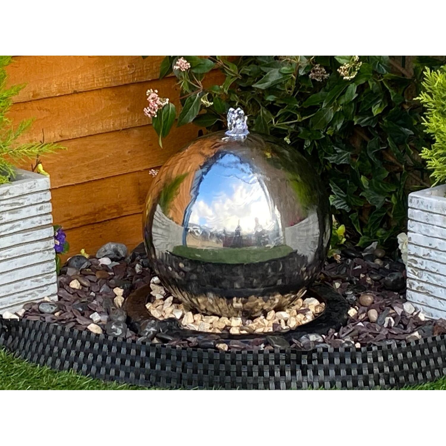 Tranquility Water Features 40Cms Stainless Steel Sphere Modern Metal Solar Water Feature - Grey