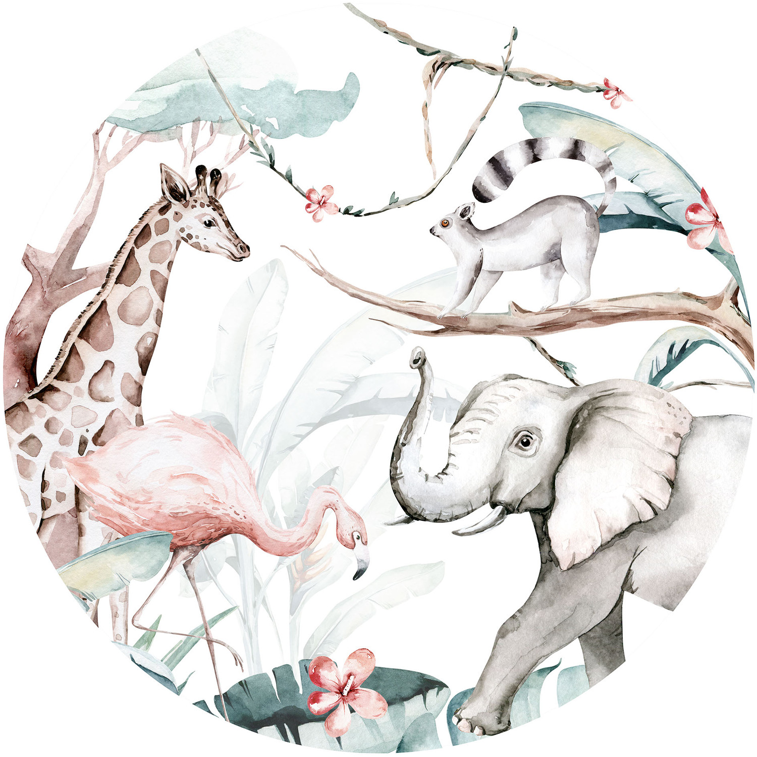 Jungle Friends Wall Mural - White / 144cmcm