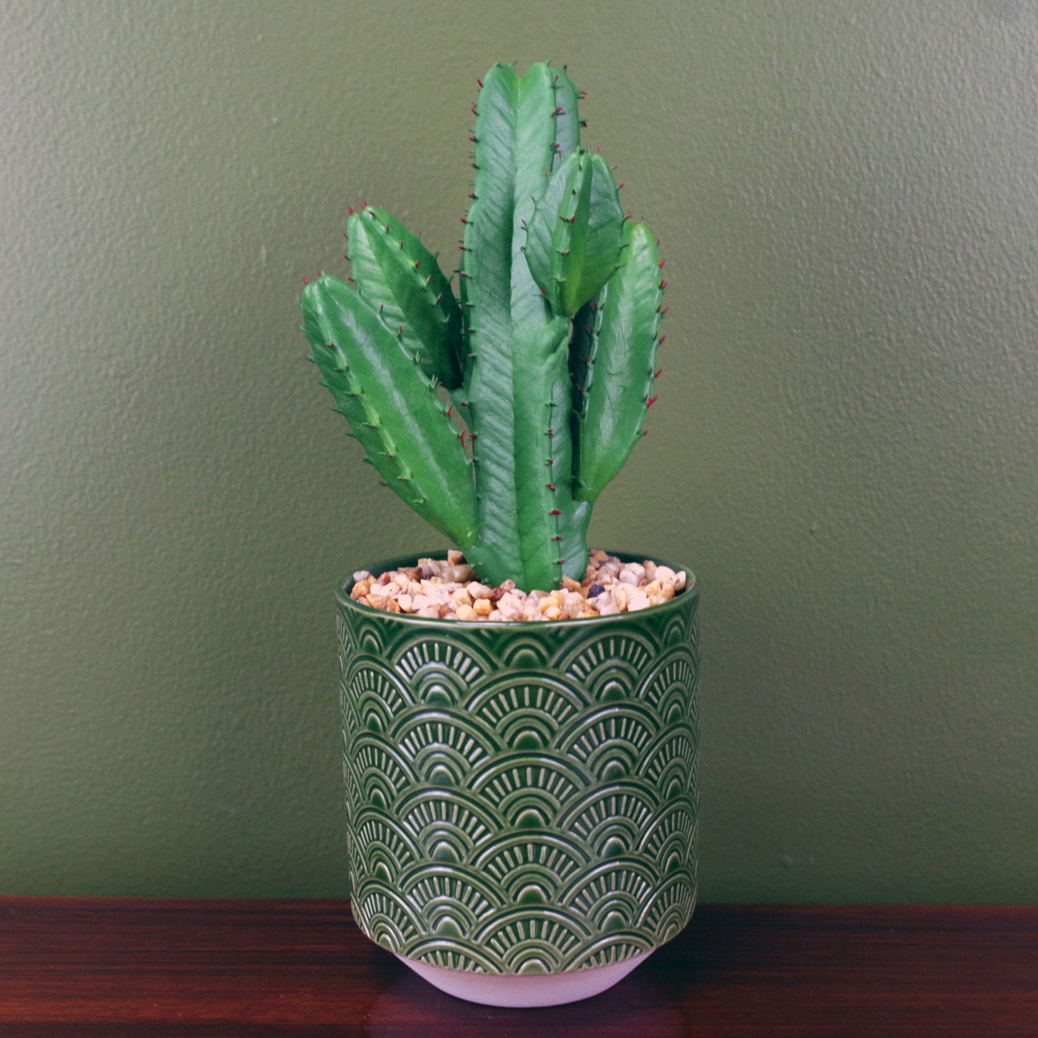 Leaf Artificial Cactus Plant Potted In Green Ceramic Planter - Green