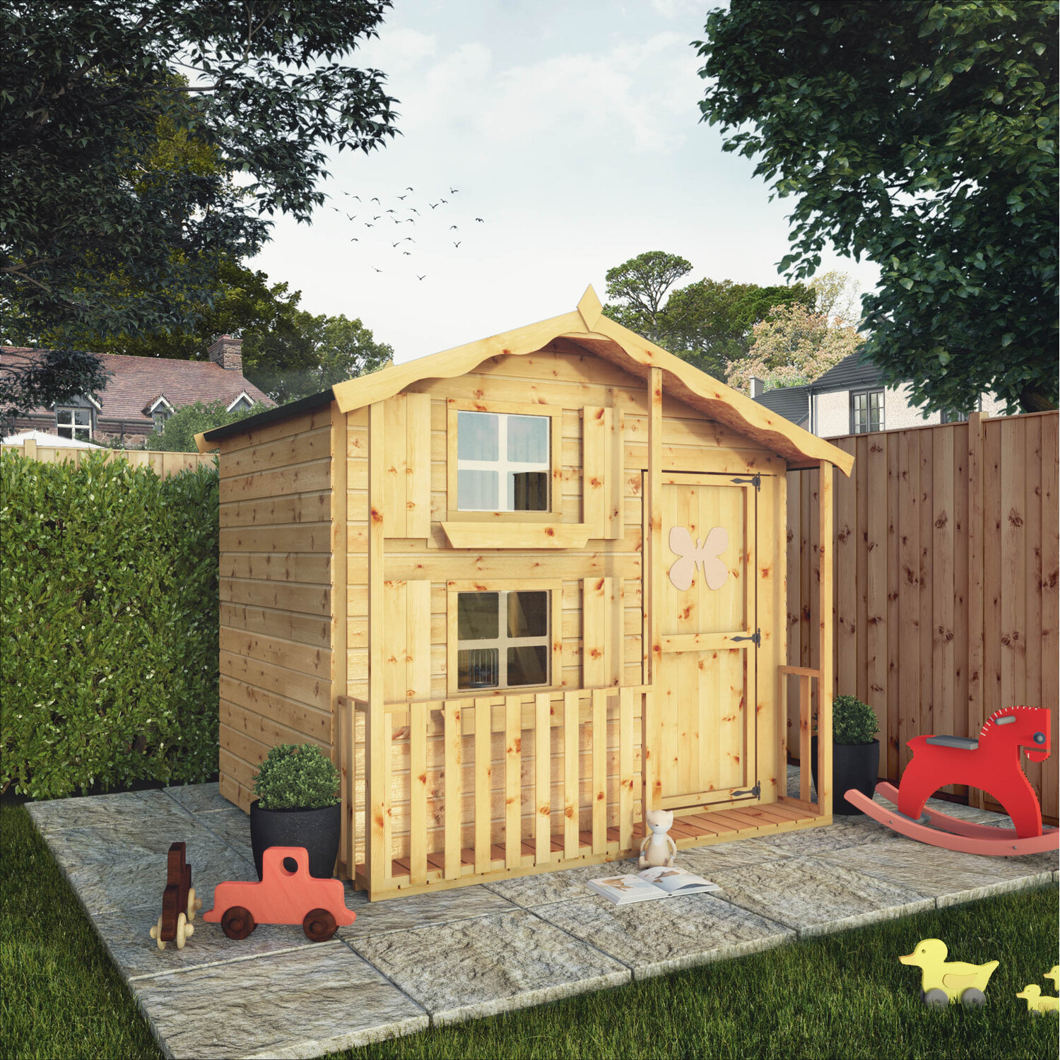 Image of 7' x 5' Children's Snowdrop Loft Playhouse with Veranda - Brown