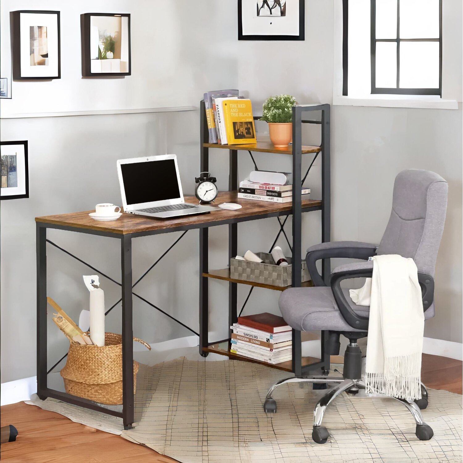 97cm Wide Computer Desk With 3 Shelves Rustic Brown - Brown