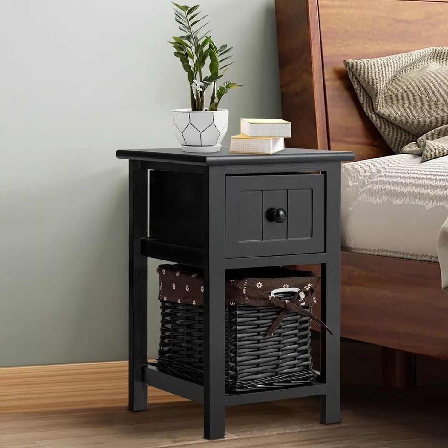 Set Of 2 Bedside Tables With Baskets - Black