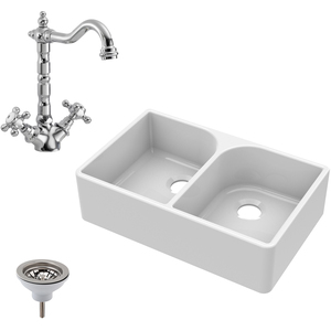 Fireclay 2 Bowl Full Weir Butler Sink Tap Waste 795mm
