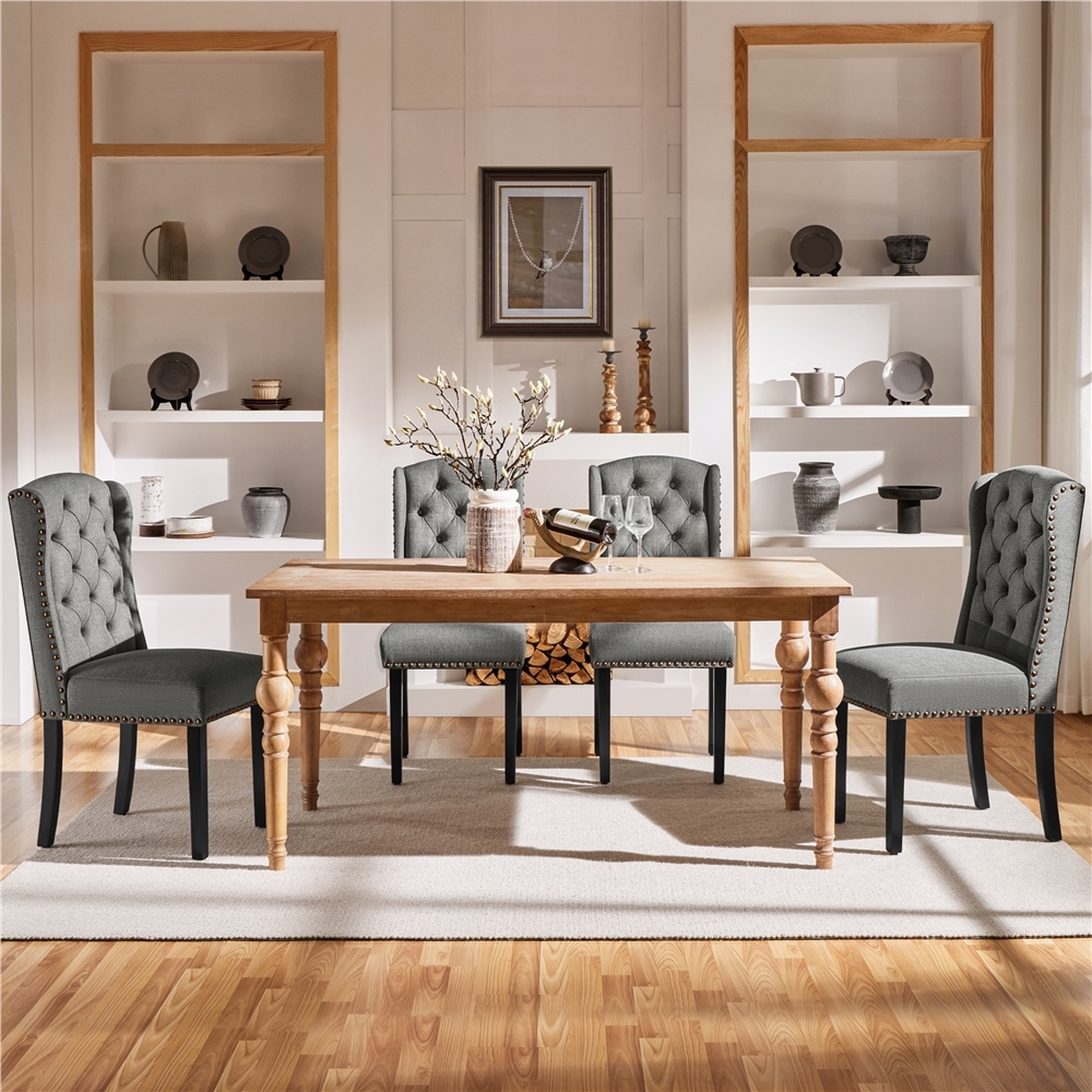 Set Of 2 Classic Button Tufted Dining Chairs - Light Grey