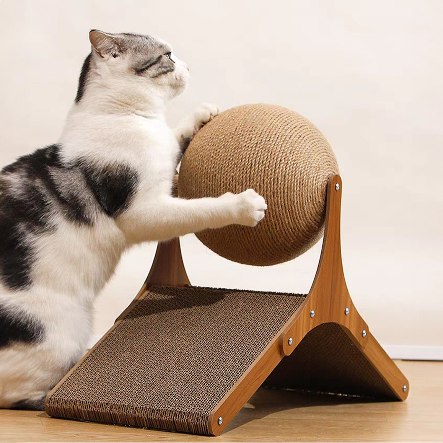 Bridge-Style Cat Scratcher with Large Sisal Ball - Wood Colour