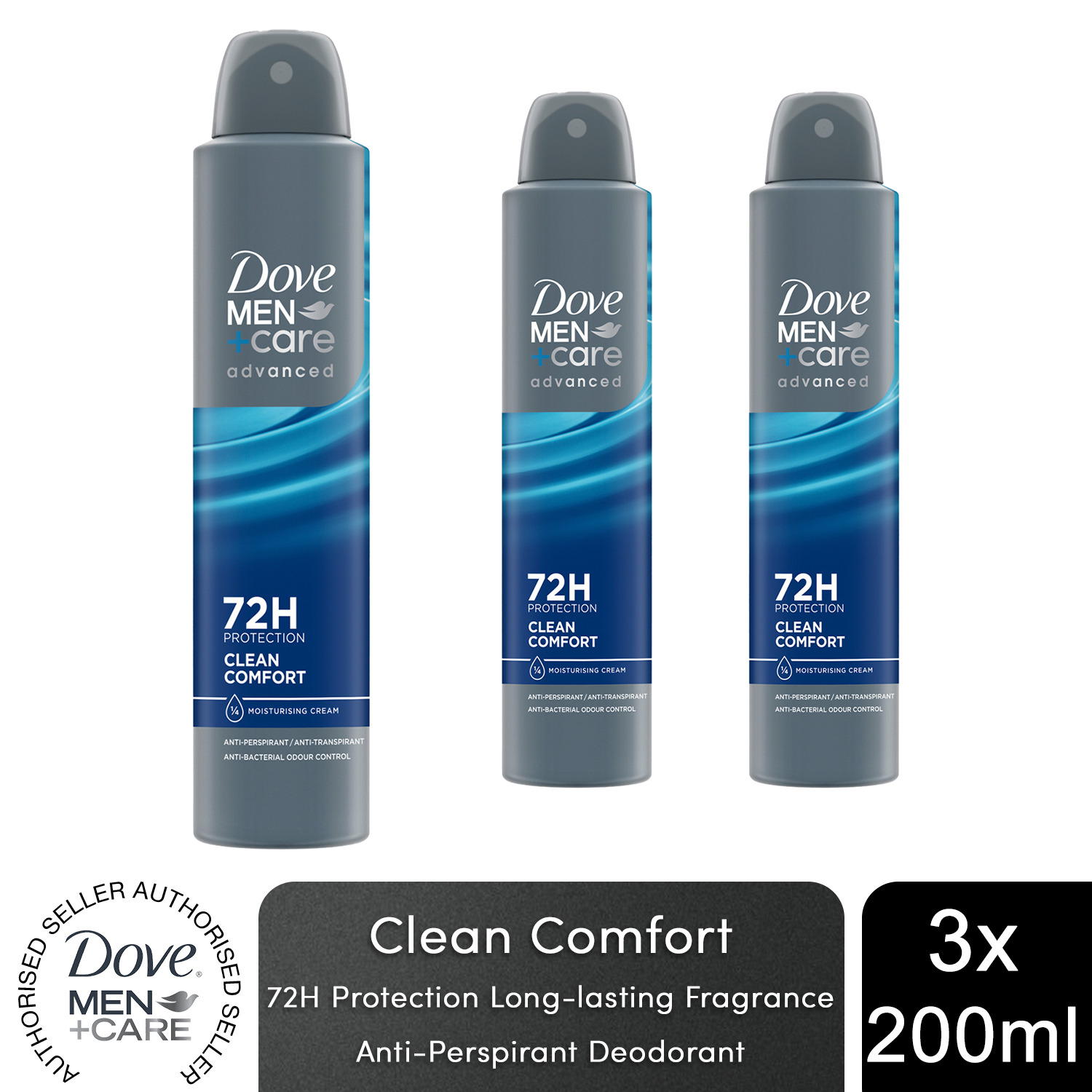 Dove Anti-Perspirant MenCare Advanced Clean Comfort 72H Protection Deo, 200ml - White / 3