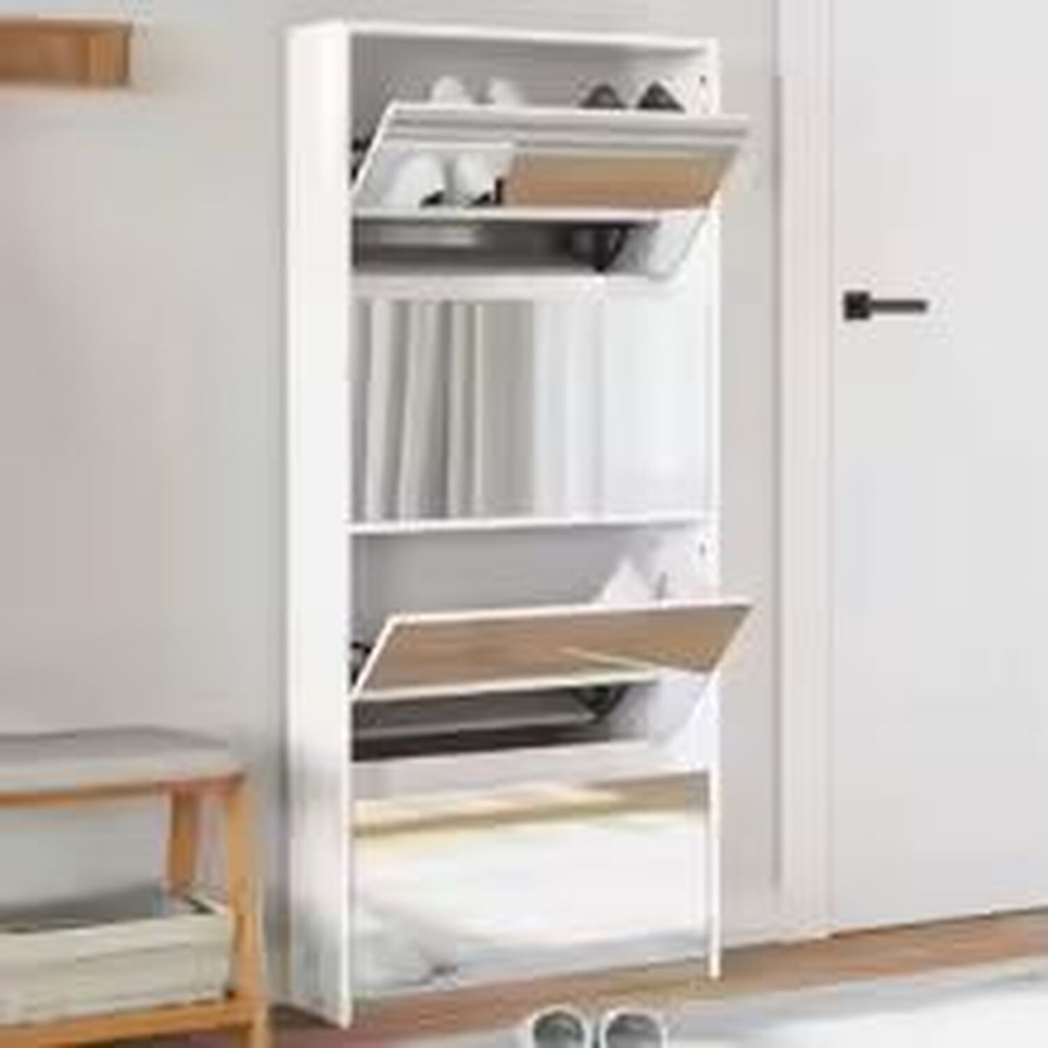 4 Tier High Gloss Shoe Cabinet With Mirror - White